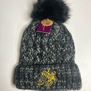 Cozy Gray Knit Beanie with Black Pom Pom
